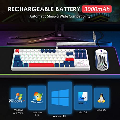 Wireless Gaming Keyboard and Custom Coiled USB C Cable,Triple Mode 2.4GHz/BT 5.0/USB-C,TKL Hot Swappable Mechanical Keyboard Yellow Switches,Rechargeable 3000mAh for PC PS5 PS4 Xbox-2 in 1 Kit - color: Yacht Blue yellow switch