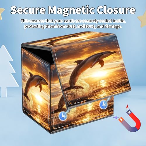 Card Deck Box for MTG Commander,Collectible Trading Storage Box Fits 120+ Single Sleeved Cards Magnetic Case PU Leather for Magic Commander TCG CCG MTG,Dolphin Ocean Sunset - color: Dolphin Ocean Sunset