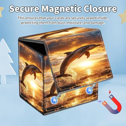 Card Deck Box for MTG Commander,Collectible Trading Storage Box Fits 120+ Single Sleeved Cards Magnetic Case PU Leather for Magic Commander TCG CCG MTG,Dolphin Ocean Sunset - color: Dolphin Ocean Sunset