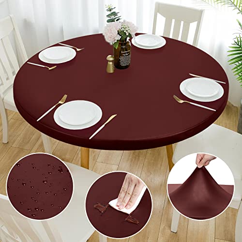 Double Fitted Design PU Round Fitted Tablecloth, Anti-Tear Wipeable Elastic Round Tablecloth, Soft-Touch Fitted Table Cloth, Waterproof Oil-Proof Table Cover (Burgundy, 45"-48" Round) - color: Burgundy, size: 47" (Round)