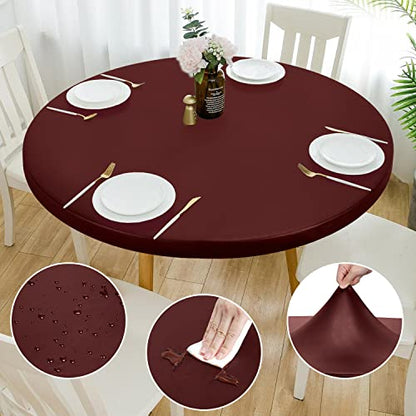 Double Fitted Design PU Round Fitted Tablecloth, Anti-Tear Wipeable Elastic Round Tablecloth, Soft-Touch Fitted Table Cloth, Waterproof Oil-Proof Table Cover (Burgundy, 45"-48" Round) - color: Burgundy, size: 47" (Round)
