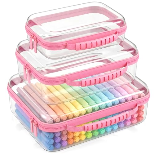 Clear Hard Shell Organizer Cases, 3 Pack with Handle | Durable PET shell with water-resistant, scratch-resistant surface for travel, toiletries, electronics and toys - color: Pink1