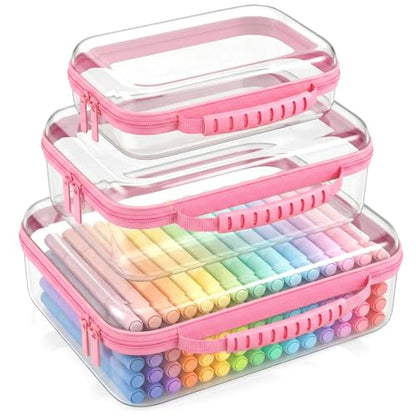 Clear Hard Shell Organizer Cases, 3 Pack with Handle | Durable PET shell with water-resistant, scratch-resistant surface for travel, toiletries, electronics and toys - color: Pink1