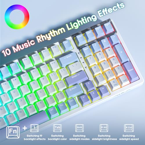 AULA Mechanical Keyboard, Wireless Gaming Keyboards 99 Keys Tri-Mode BT5.0/2.4GHz/USB-C Hot Swappable Custom Creamy Keyboard,RGB Backlit Computer Keyboards w/Pre-lubed Linear Switches Gasket Structure - color: White&Blue&Purple