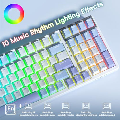 AULA Mechanical Keyboard, Wireless Gaming Keyboards 99 Keys Tri-Mode BT5.0/2.4GHz/USB-C Hot Swappable Custom Creamy Keyboard,RGB Backlit Computer Keyboards w/Pre-lubed Linear Switches Gasket Structure - color: White&Blue&Purple