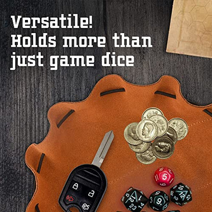 Impresa Dice Bag & Dice Rolling Tray - 10-Inch Brown Cowhide Leather - Leather Tray & Drawstring Bag