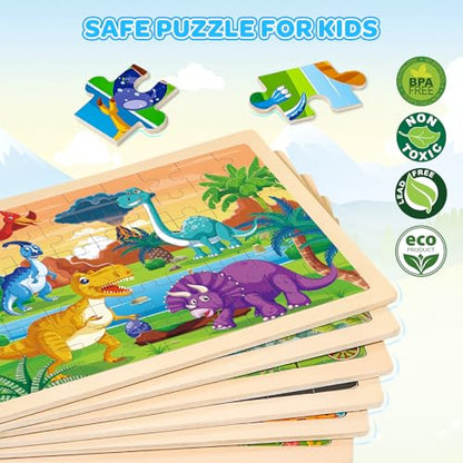6-Pack Wooden Puzzles for Kids Ages 3-5, 60-Piece Animals Jigsaw Set | Toddler Puzzles Ages 3-5, Preschool Puzzles with Wooden Jigsaw Boards for Fine Motor Skills, Shape Recognition and Travel - style: Animals