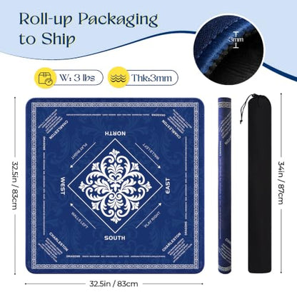 KJGNHQA Blue Mahjong Mat with Rules for Table 32.5"x32.5" | American Mahjong Mat,Printed Rules,Anti-Slip,Noise-Reducing ,Carrying Bag for Poker,Board Games,Dominoes,Cards,Tile Games - color: Blue