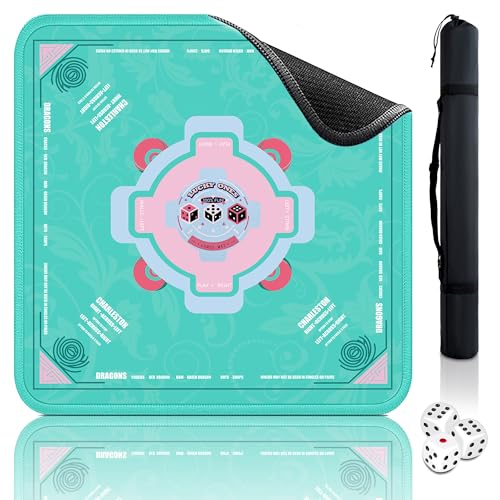 Mahjong Mat - (33"x33") American Mah jongg Mat for Table with Rules (Green) | Noise Reduction Non-Slip Mahjong Table Mat + Carrying Bag & 3 Dice, Neoprene Gaming Pad for Mah jong Tile/Card/Dominoes Games - color: Green