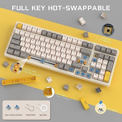 Ajazz Mechanical Gaming Keyboard, Hot Swappable with Numeric Pad, Compact USB Wired 100 Keys, Double-Shot ABS Keycaps, N-Key Rollover RGB Custom for PC Mac (MX Blue) - color: Cheese/Hot-swap Blue Switch