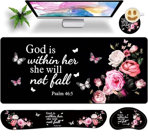 Large Gaming Mouse Pad Set 35.4 x 15.7 with Keyboard Wrist Rest, Wrist Support, and Coaster Memory Foam Smooth Desk Pad Mousepad for Home Office School - Floral Bible - color: Floral Bible, size: 35.4" x 15.7" x 0.12" (Set of 4 Items)