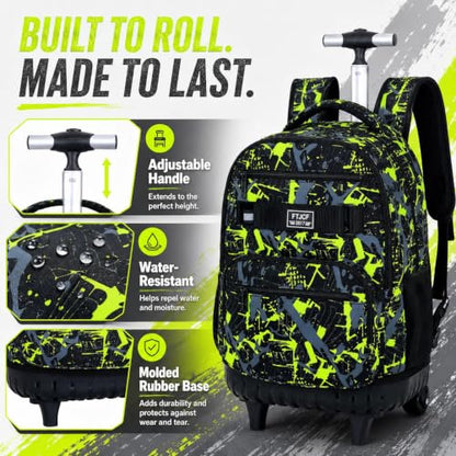 3Pcs Rolling Backpack for Boys Men, Travel Roller Backpacks with Wheels for Adults, Teens College Graffiti Wheeled Bookbag with Lunch Box(Green) - color: Airbrush Green