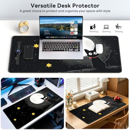 Large Gaming Mouse Pad, XL Desk Protector, Non-Slip Base | 31.5x15.7 in Extended Desk Mat with Stitched Edges for Keyboard, Work, Game, Office, Home PC and Laptop - color: Moon Cat