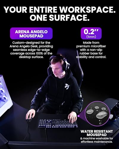 Arozzi Arena Angelo Gaming Desk Pad Pure Black | Desk-Wide Microfiber, 88.6 x 28 in, Anti-Slip Rubber Base, Water-Resistant, Machine Washable - color: Angelo Pure Black