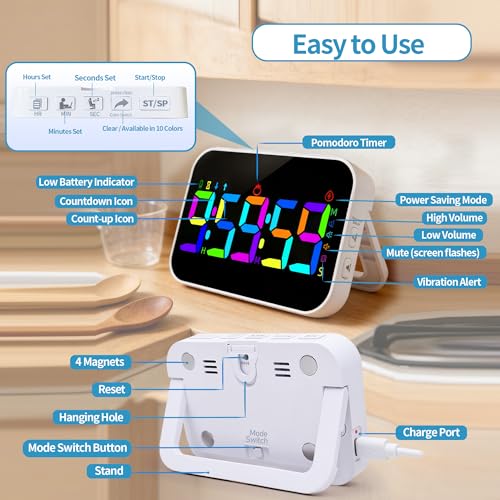 Kitchen Digital RGB Timer, Count Down Up, Rechargeable, Vibration Mode Adjustable Volume and Brightness LED Display, Time Management Cook, Desk, Kids Adults Study Teaching, Kitchen Gadgets - color: Rgb- Cyclic Timing