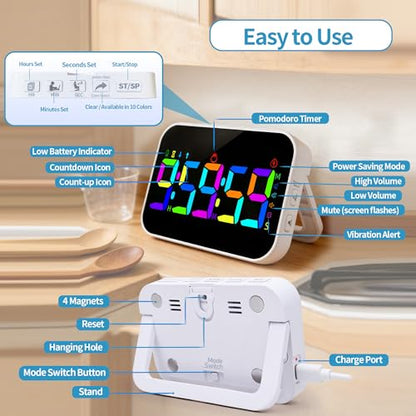 Kitchen Digital RGB Timer, Count Down Up, Rechargeable, Vibration Mode Adjustable Volume and Brightness LED Display, Time Management Cook, Desk, Kids Adults Study Teaching, Kitchen Gadgets - color: Rgb- Cyclic Timing