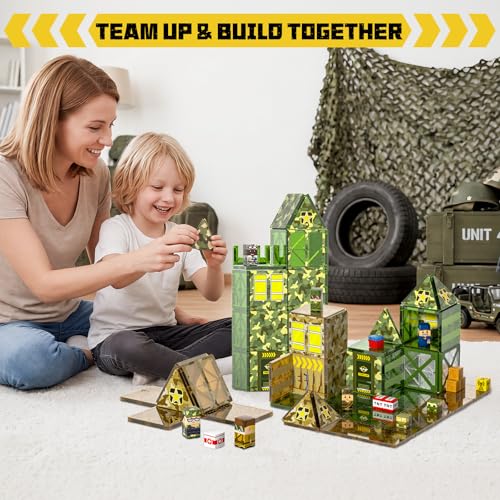 Bmag 109 PCS Military Magnetic Tiles Set, Army STEM Building Toys, Camo Printed Construction Blocks, Educational Play Gifts for Boys Girls Ages 3-12 - size: 109PCS