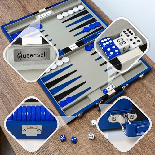 Large Blue Backgammon Sets for Adults - Classic Board Games for 2 Players Adults and Kids - Premium Backgammon Set 15 Inch Board and 32 Backgammon Pieces in Quality PU Leather Case - style: Premium Blue
