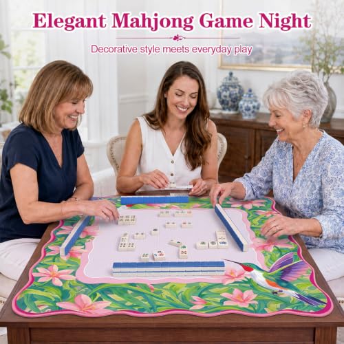 Junkin Pink Hummingbird Mahjong Mat 32.3"x32.3" Chinoiserie Mahjong Mat with Pink Scalloped Edge Carry Bag Non-Slip, Game Table Pad, for Card Board Tile Games Gifts for Women Mom - style: Pink Hummingbird