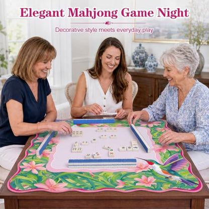 Junkin Pink Hummingbird Mahjong Mat 32.3"x32.3" Chinoiserie Mahjong Mat with Pink Scalloped Edge Carry Bag Non-Slip, Game Table Pad, for Card Board Tile Games Gifts for Women Mom - style: Pink Hummingbird