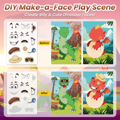 Dinosaur Reusable Sticker Book for Toddlers, DIY Make-a-face Jelly Stickers | Make A Face & Scene Decoration Play, Washable and Reusable Jelly Stickers, Portable Travel Friendly, Airplane Trip Essentials - style: Dinosaur