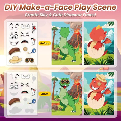 Dinosaur Reusable Sticker Book for Toddlers, DIY Make-a-face Jelly Stickers | Make A Face & Scene Decoration Play, Washable and Reusable Jelly Stickers, Portable Travel Friendly, Airplane Trip Essentials - style: Dinosaur