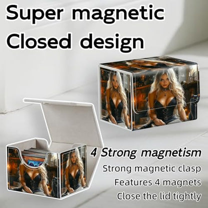 Trading Card Storage Box, Holds 100+ for MTG Cards, Premium PU Leather with Magnetic Closure, Woman With Black Cat Reading Durable Deck Box for Magic the Gathering, Trading Card Games - color: Woman With Black Cat Reading