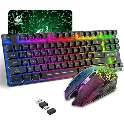 Wireless Membrane Gaming Keyboard and Mouse Set with 87Key Tenkeyless-Black | Rainbow LED Backlight,Rechargeable 3800mAh Battery,Anti-ghosting,Ergonomic,Waterproof,RGB Mute Mice for Computer PC Mac Gamer - color: Black