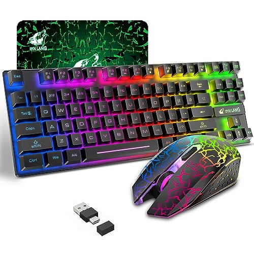 Wireless Membrane Gaming Keyboard and Mouse Set with 87Key Tenkeyless-Black | Rainbow LED Backlight,Rechargeable 3800mAh Battery,Anti-ghosting,Ergonomic,Waterproof,RGB Mute Mice for Computer PC Mac Gamer - color: Black