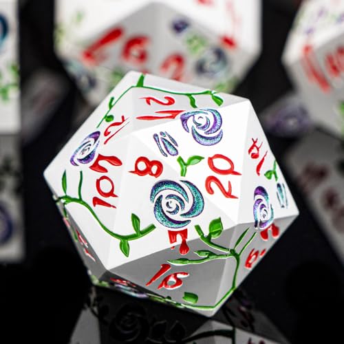 Gothic DND Dice Set Bleeding Rose Metal D and D Dice for use with Dungeons Dragons D&D Role Playing Game, Silver Purple Green RPG Polyhedral Dice Set D20 D12 D10 D8 D6 D4 - color: Purple Green&silver&red Numbers