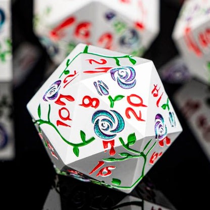 Gothic DND Dice Set Bleeding Rose Metal D and D Dice for use with Dungeons Dragons D&D Role Playing Game, Silver Purple Green RPG Polyhedral Dice Set D20 D12 D10 D8 D6 D4 - color: Purple Green&silver&red Numbers