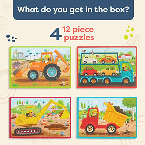 B. toys Wooden Puzzle Set, Pack o' Puzzles Trucks, 4 x 12 Pieces, Wood Toys | 4 truck-themed wooden with storage box, color-coded backs, easy-hold pieces, 48 puzzle pieces, Trucks, Wood Toys, 3+ Years - style: Trucks