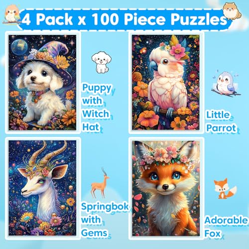 4 Packs 100 Piece Puzzles for Kids Ages 4-6, Jigsaw Puzzles for Kids Ages 6-8 8-10 Adorable Animals Puzzles 100 Pieces for Senior Search and Find Learning Educational Toys for Boys and Girls - style: Puppy Parrot Fox