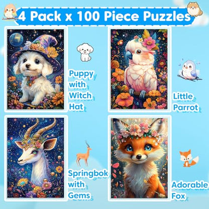 4 Packs 100 Piece Puzzles for Kids Ages 4-6, Jigsaw Puzzles for Kids Ages 6-8 8-10 Adorable Animals Puzzles 100 Pieces for Senior Search and Find Learning Educational Toys for Boys and Girls - style: Puppy Parrot Fox