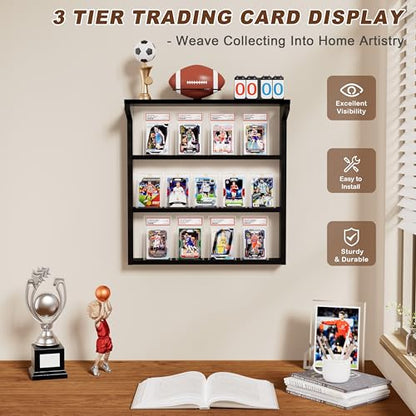 Emfogo Trading Card Display Stand for Wall, 3 Tier Wooden Graded Card Display Stand, Sports Card Display Case, Trading Card Stands for Display Collection, Black