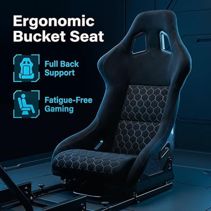 Racing Simulator Cockpit with Monitor Mount and Stronger Fiberglass Back Mesh Fabric Bucket Seat, Racing Wheel Stand Compatible with Fanatec, Thrustmaster, Logitech, Moza Racing Games on PS5, PS4, Xbox and PC - color: Cockpit+Black Seat