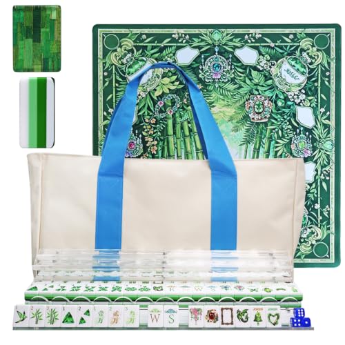 American Mahjong 4-Layer Acrylic Mahjong Set with Translucent Forest Green Backs, 2 Carrying Bags, 4 Acrylic Racks with Pushers, Mat – Portable Mahjong Set for Family Game Night & Travel - color: Forest Green