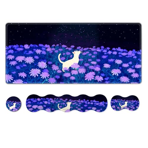 AIMSA Large Mouse Pad Wrist Support Set, Purple Desk Mat+Mouse Pad with Wrist Rest+Keyboard Wrist Pad+Coaster, 4-in-1 Cat Flowers Ergonomic Mousepad Combo - color: Cat Purple Flowers