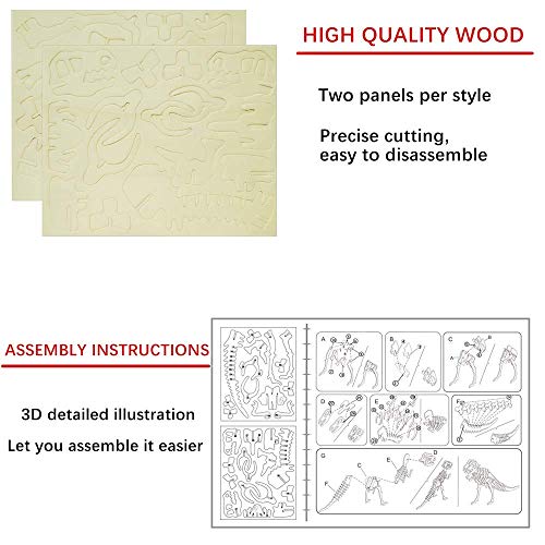 3D Wooden Dinosaur Puzzle - 6 Piece Set Wood Dinosaur Skeleton Model Puzzle - DIY Wooden Crafts 3D Puzzle - STEM Brain Teaser Puzzle Gifts - style: Dinosaur 6 model