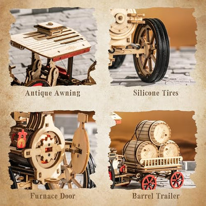 rowood 3D Wooden Puzzles for Adults, Steam Engine Car Model Kit, 1:28 Scale Mechanical Steam Locomotive Wooden Puzzle, 469PCS,Assembly Time 6H, Awesome Gifts for Adults
