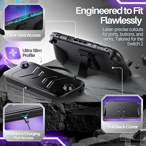 TNP Protective Case for Nintendo Switch 2 with Grip and Front Cover, Black | Hard Shell Cover with Carry Strap and Built-In Stand for Handheld Gaming and Travel