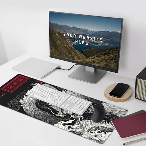 Large Gaming Mouse Pad with Dragon Design, Non-Slip, 35.4" x 15.7", Black and Red Japanese Style Desk Mat - color: Dragon