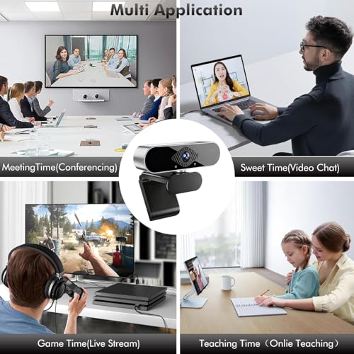 1080P HD Webcam with Microphone, Noise Cancellation, Privacy Cover, Wide-Angle Lens, Auto Light Correction, Plug & Play USB Webcam for Laptop, Desktop, PC, Mac, Zoom, Skype, Streaming (Black)