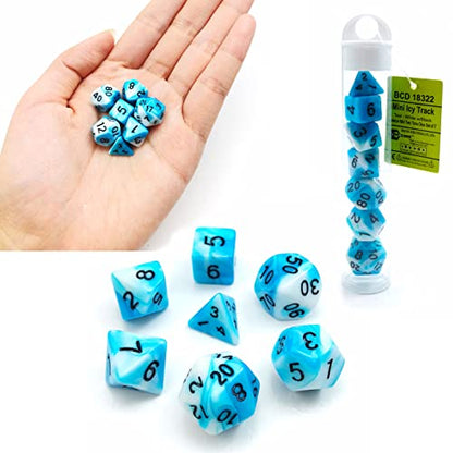 Bescon Mini Gemini Two Tone Polyhedral RPG Dice Set, 10MM Small Mini RPG Role Playing Game Dice D4-D20 in Tube, ICY Track - color: Icy Track