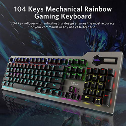 Mechanical Gaming Keyboard, Wired RGB Rainbow Backlit with Blue Switches, Ergonomic Standard Keyboard for PC Gaming