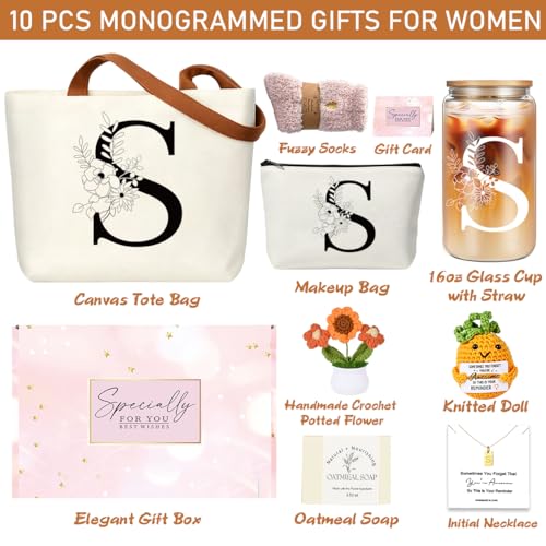 DHQH Birthday Gifts for Women, Monogrammed Gifts Box Included 16 oz Initial Glass Drinking Cup,Canvas Tote Bag, Personalized Iced Coffee Tumbler Gift for Women Her Mom Teacher Friends Sister, S - color: letter-cup-s