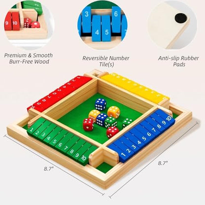 Shut The Box Game Wooden, 2-4 Player Close The Box Dice Game with 8 Colorful Dice, Wooden Math Board Games for Kids Adults Family, Portable Wood Shut The Board Game Box for Party Travel(8.7" x 8.7")