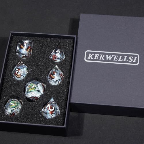 KERWELLSI Liquid Core Dragons Pattern Dice, Resin DND Dice Set with Gift Box, White Sharp Edged Dungeons D&D Dice, Role Playing Game Dice D20 D12 D10 D8 D6 D4 - color: White