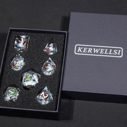 KERWELLSI Liquid Core Dragons Pattern Dice, Resin DND Dice Set with Gift Box, White Sharp Edged Dungeons D&D Dice, Role Playing Game Dice D20 D12 D10 D8 D6 D4 - color: White