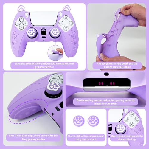 Purple Cat Ear PS5 Controller Cover - Cute Silicone Skin with Cat & Paw Prints + 2 Matching Lavender Cat Paw Thumbstick Caps | Kawaii Grip for PlayStation 5 - color: Lavender Purple